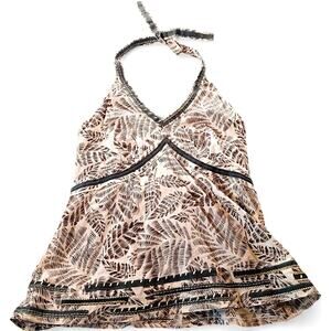 Y2K Babydoll Halter Top Boho Peasant Embroidered Ribbon Trim Leaf Print Brown 16